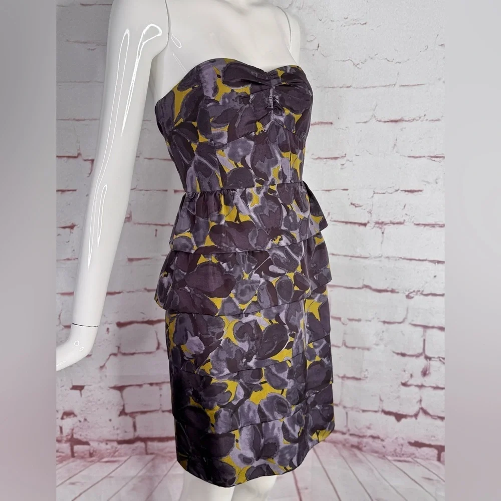 J. CREW 4 Floral Tiered Ruffle Strapless Grey Olive Layered Mini Cocktail Dress - Picture 2 of 14